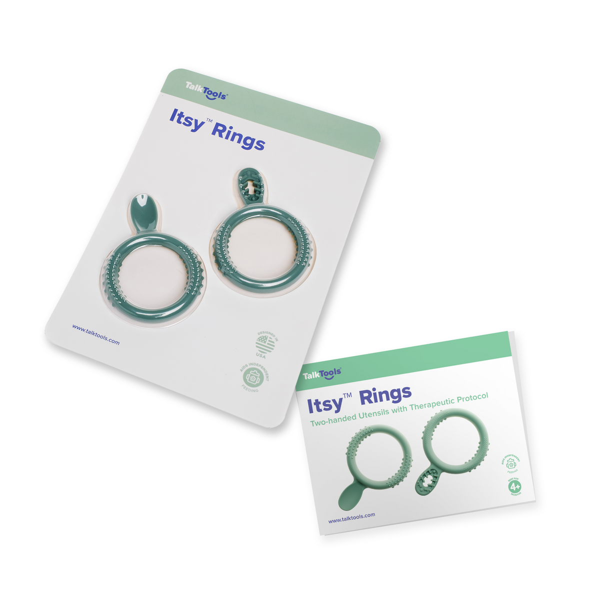 TalkTools Itsy Rings in teal on its retail backing card